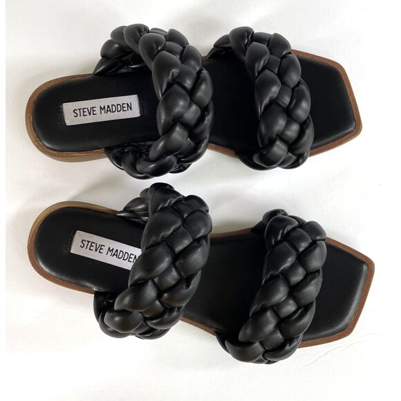 Steve Madden‎ Black Braided Open Toe Slides Flats Sandals Vegan Faux Leather - Picture 11 of 16